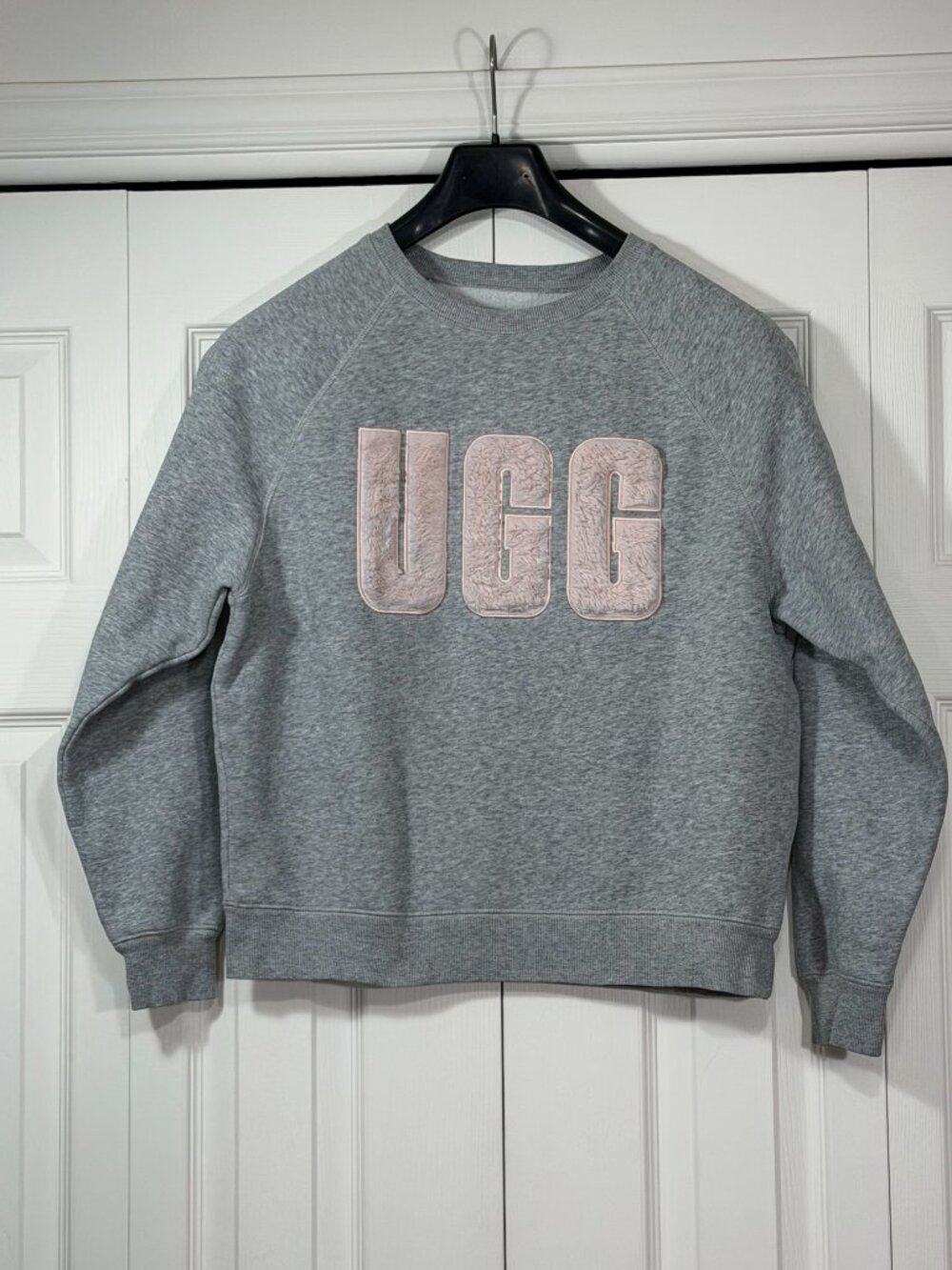 UGG Crewneck Crewneck Sweatshirt, Gray with Pink Faux Fur Logo